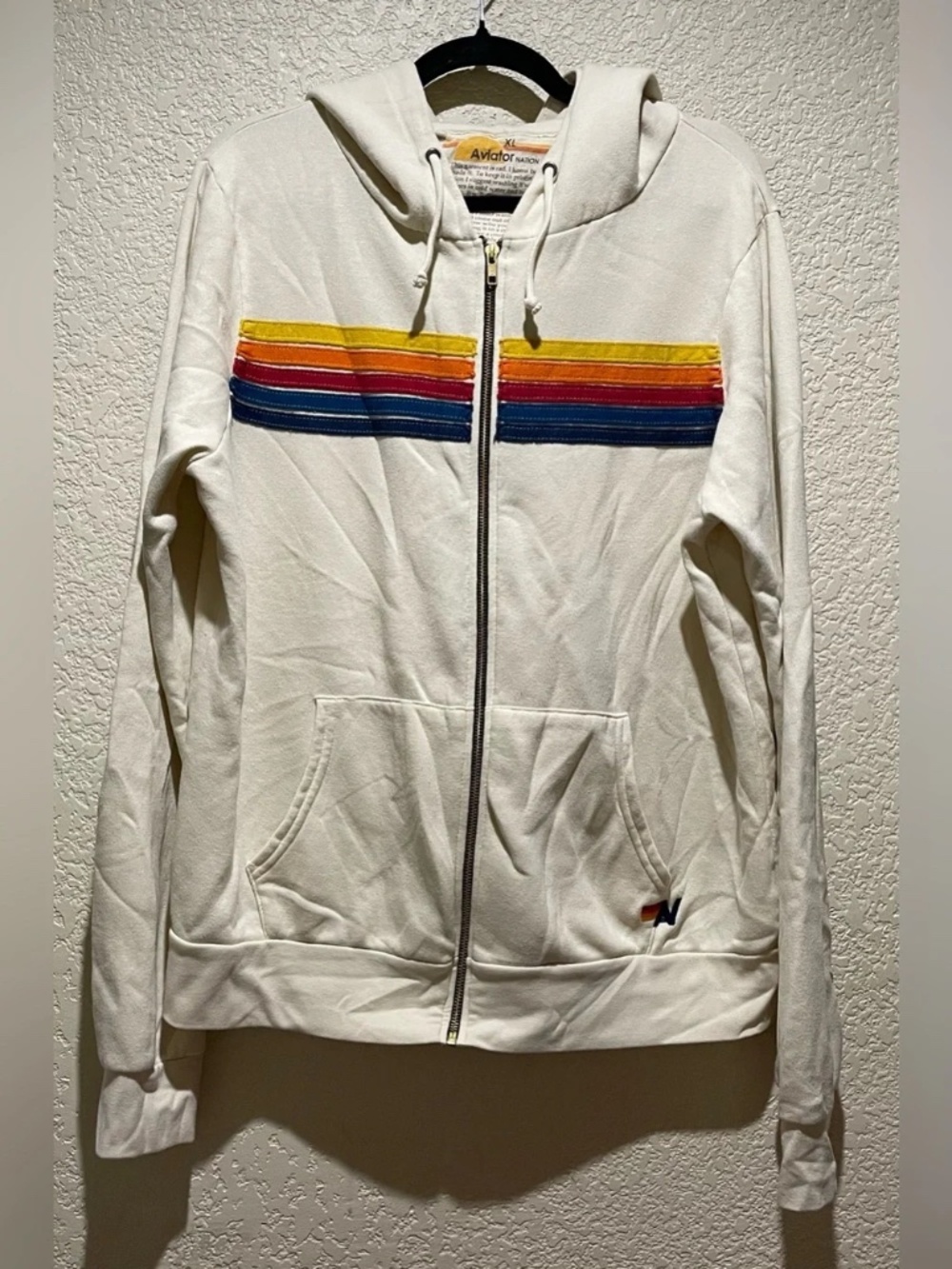 Aviator Nation 5 Stripe Full Zip Hoodie Vintage White Cream Size XL